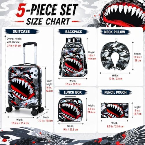 5PCS Kids Luggage Boys Suitcase Set, 16" Hardside Carry-on Shark - Image 5