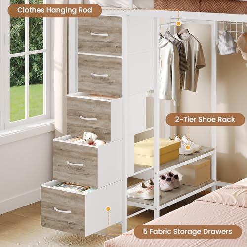 VIAGDO Bunk Bed Twin Over Twin with 5 Storage Drawers, Twin Bunk Beds with Charging Station and Lights, L-Shaped Metal Bunk Bed with Shelves, Bedside Pocket, Guardrail & Ladder for Kids, Teens, White - Image 3