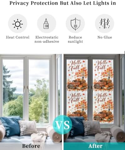 Window Privacy Film Frosted, Thanksgiving Reusable Static Cling Window Tints, Fall Orange Car Pumpkin Maple Wood Grain Heat Control Windows Films for Offices, Balcony, 29.5 x 118 Inches - Image 6