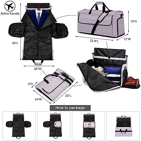 Travel Garment Bag Suit Bags for Men with Shoulder Strap & Shoes Compartment, Water Resistant Carry On Garment Duffle Bag - 2 in 1 Hanging Suit Garment Bags for Travel, Grey - Image 2