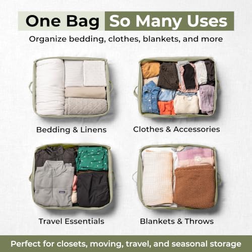 Soft Canvas Storage Bags with Zipper. Thick Breathable, 2pc King/Queen Comforter Organizer. Four Carrying Handles and Window. Large 25x19x9in Bag for Sheets Blankets Bedding Pillows, Clothes (Green) - Image 7