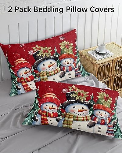 Red Snowman Christmas Pillow Cases Standard Size Set of 2, Xmas Tree Berry Microfiber Bed Throw Pillow Covers, Winter Snowflake Decorative Lumbar Pillow Cover with Envelope Closure for Sofa 20"x26" - Image 3