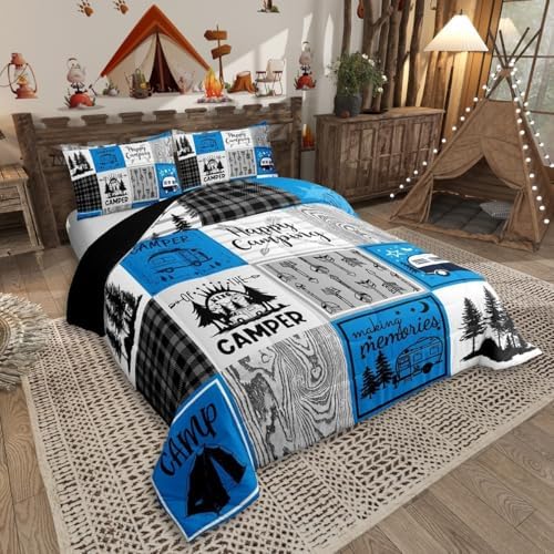 Erosebridal Blue Rv Bedding Set King Rustic Camper Decor Comforter Set Camping Bunk Accessories for Camper Car Rv Comforter for Travel Trailers Country Buffalo Plaid Pine Tree Arrow Bed Set - Image 2