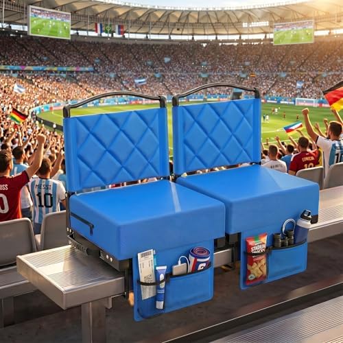 Stadium Seats with Back Support and Cushion Thick Padded Bleacher Chairs with Shoulder Strap, Portable Folding Stadium Seat Chairs for Bleachers Include Cup Holder and Side Pocket (Blue, 2pcs) - Image 2