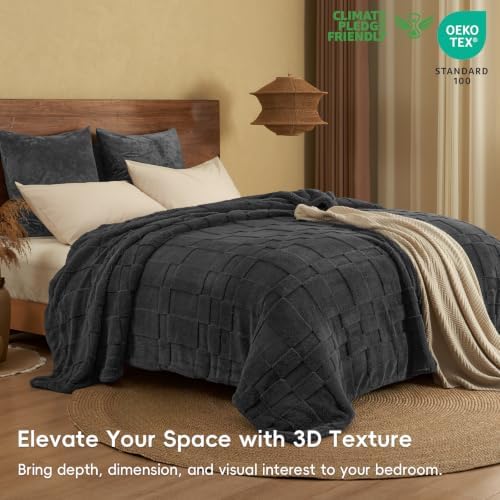 PHF Soft Sherpa Fleece Blanket King, Tufted Jacquard, 03-Dark Grey - Image 3