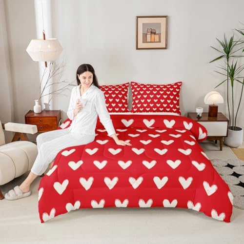 Red White Comforter Set King Size Cute Heart Pattern Bedding For Kids Boys Girls Valentine Day Gift Quilt Cartoon Love Geometric Duvet Insert Love Heart Soft Warm Bedding Sets Bedroom Decor 3Pcs - Image 4