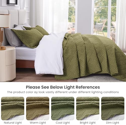 Love's cabin King Size Quilt Bedding Set Olive Green Bedspreads - Bed Summer Lightweight Bedspread Comforter - Wave Pattern Bedding Coverlet for All Season - 3 Pieces (1 Quilt, 2 Pillow Shams) - Image 5