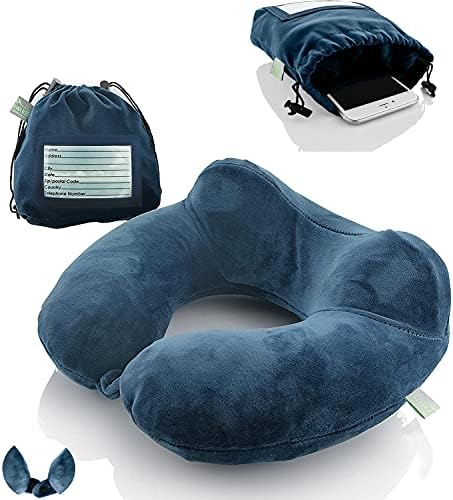 Inflatable Travel Neck Pillow: Extra-Soft, Cushion. for Airplanes, Trains, Cars, Portable Travel Accessory-with Carrying Pouch for Cell Phone and Passport Etc. (Blue 2 Pack) by Outdoorwares+Hut