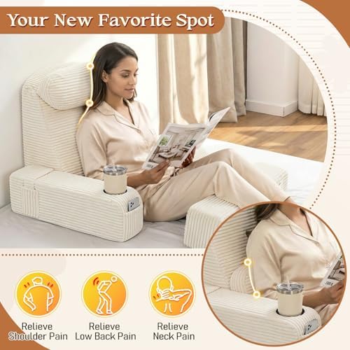 Reading Pillow/Backrest Pillow with Arms,Cup Holder & Phone Pocket - Image 5