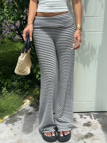 ZAFUL Women's Striped Pants Fold Waist Wide Leg Pants Lounge Pajama Pants - Image 3