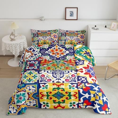 Erosebridal Colorful Mexican Style Toddler Bedding Set,Retro Talavera Tile Comforter Set for Kids Room Decor,Exotic Ethnic Boho Quilt Bed Set Patchwork Floral Print Down Comforter 2Pcs - Image 2