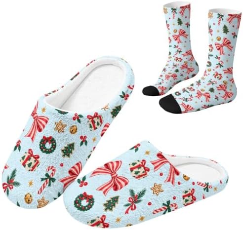 Jeiento Winter Fuzzy Slipper and Crew Socks Warm Winter Shoes Lightweight Soft Cushion House Slipper Bedroom Shoes by Jeiento