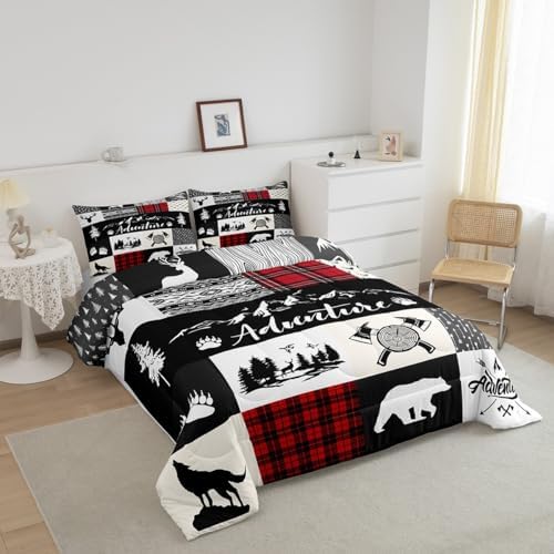 Castle Fairy Deer Antlers Comforter Set Queen Size,Bear Pine Wolf Hunting Camper Bedding Set for Women Adult,Adventure Rustic Farmhouse Red Plaid Luxury Bed Duvet Insert, 2 Pillowcases - Image 3