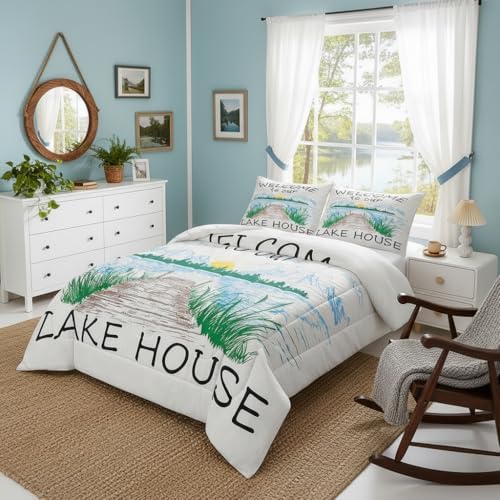 Lake House Comforter Set King Size Rustic Farmhouse Bedding Set for Kids Adults Women Teens Cabin Home Room Decor Watercolor Lake Mountain Scenery Quilted Duvet Retro Plaid Print Duvet Insert 3pcs - Image 3