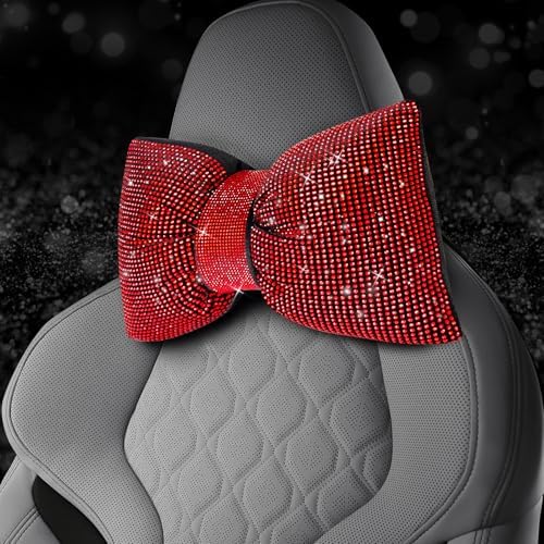 ChuLian 4 PCS Bling Car Pillows,Rhinestones Bowknot Car Headrest Pillow,Red - Image 2
