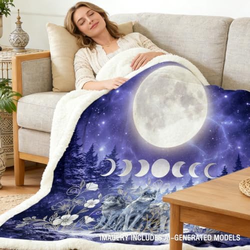 Sleepwish Moon Phase Blanket Celestial Sherpa Throw, Boho Witchy Decor for Women Teens, Spiritual Wolf Design Cozy Fleece Blanket 60x80 Inches for Couch Bed - Image 2