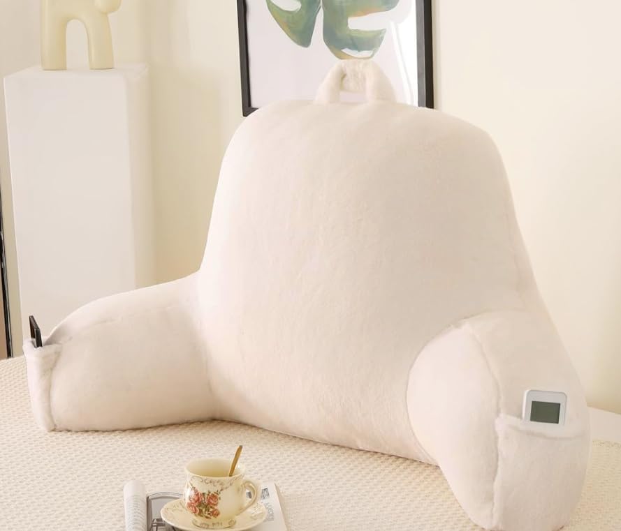Large Plush Backrest Pillow for Sitting in Bed,Faux Fur,White by PAJEO