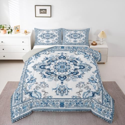Erosebridal Vintage Floral King Comforter Set - Light Blue and White Flower Bedding Sets for Kids Adults | Retro Aesthetic Flowers Bed Set | Farmhouse Room Decor with 2 Pillowcases - Image 2