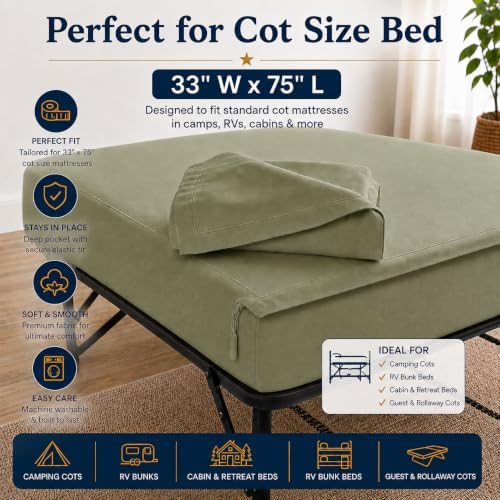Zipper Cot Fitted Sheet, 33 x 75 Camping Cot Mattress Sheets, 400 Thread Count 100% Cotton, Includes 1 Wraparound Base, 2 Removable Zipper Top Sheets & 2 Pillowcases, 8 Inch Deep Pocket, Sage Green - Image 2