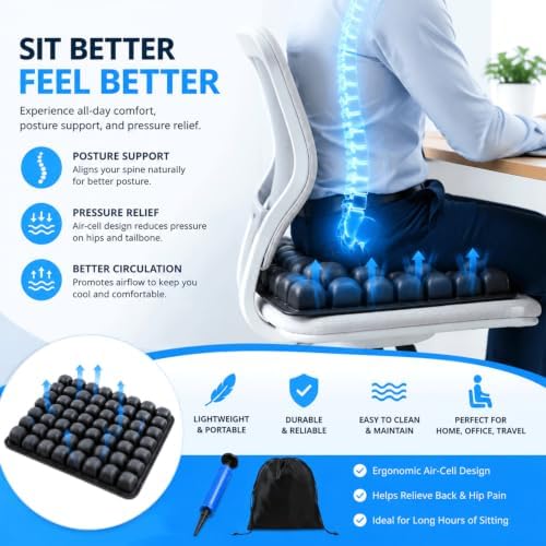 Travel Cushion for Airplane, Ergonomic Air Cell Design for Long Flights, Inflatable Seat Cushion for Office, Car and Wheelchair Use, Portable Inflatable Cushion with Compact Travel Design - Image 3