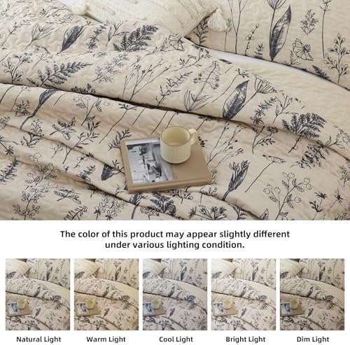 JANZAA Quilt King Size, Beige King Quilt Bedspread Floral Bedding Set 3 Pcs - Image 4