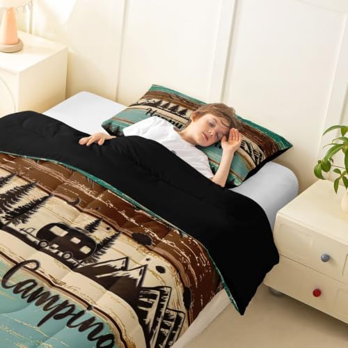 Erosebridal Rustic Rv Camping Comforter Set Camper Twin Bedding Sets for Boys Girls Kids Country Farmhouse Wooden Board Comforter Mountain Pine Trees Quilt Duvet 2 Pcs Green Brown - Image 4