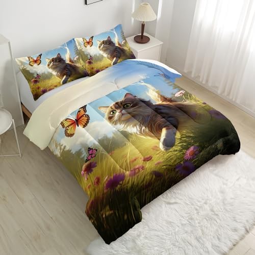 Nttopship Cute Cat Comforter Set for Adults 3Pcs,Spring Cat Theme Bedding Set King Size Soft Warm for All Season Room Decor with 1 Comforter and 2 Pillow Case - Image 3