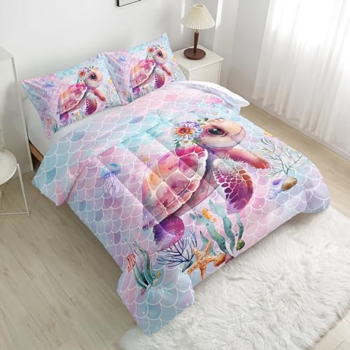 Nttopship Pink Cute Turtle Comforter Sets Twin Size，Bedding Sets for Kids,Flower turtles and fish scales Comforter Sets All Season 1 Comforter and 2 Pillowcases - Image 3