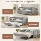 3 in 1 Twin to King Daybed, Gingham Upholstered Daybed with Pop Up Trundle, Convertible Sofa Bed with Side Storage Pockets, Extendable Guest Bed Frame for Teens Adults Bedroom Living Room, Black - Image 5