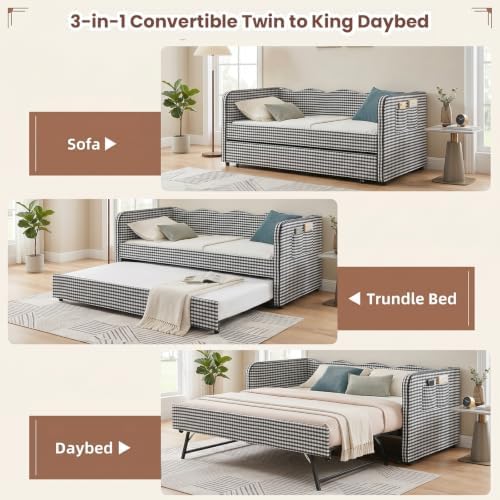 3 in 1 Twin to King Daybed, Gingham Upholstered Daybed with Pop Up Trundle, Convertible Sofa Bed with Side Storage Pockets, Extendable Guest Bed Frame for Teens Adults Bedroom Living Room, Black - Image 5