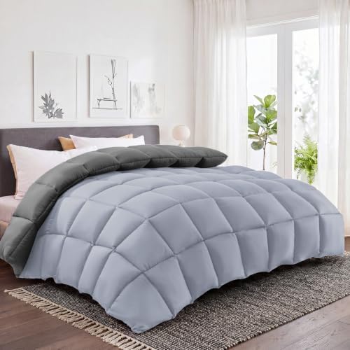 HYLEORY All Season California King Size Bed Comforter - Cooling Down Alternative Comforter Quilted Duvet Insert with Corner Tabs - Winter Warm - Machine Washable - Reversible Dark Grey/Light Grey - Image 5