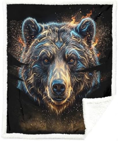 Bear Sherpa Blanket Energy Animal Print Throw Blanket for Men Soft Warm Cozy 50x60 Inches Neon Wildlife Design Gamer Room Bedroom Decor Stress Relief Gift for Birthday Housewarming Anniversary by Sleepwish