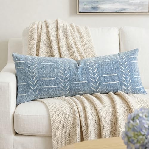 BlissBlush Coastal Blue Lumbar Pillow Cover 14x36 for Bed, Accent Long Lumbar Pillow Cover for Bedroom, Soft Woven Chenille Textured Farmhouse Boho Decorative Cushion Cover by BlissBlush