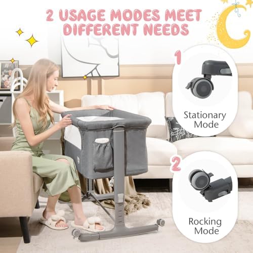 BABY JOY Bassinet Bedside Sleeper, 3 in 1 Folding Crib w/Adjustable Height, Mattress, Lockable Wheels, Storage Pocket & Carry Bag for Infant Newborn, Stationary & Rock, Portable Baby Bassinet (Grey) - Image 4