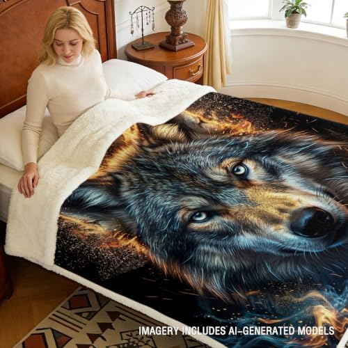 Wolf Sherpa Blanket Fire Animal Print Throw Blanket for Men Soft Warm Cozy 50x60 Inches Energy Design Bedroom Gamer Room Decor Motivational Gift for Birthday Housewarming Anniversary - Image 3
