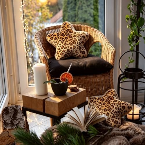 4 Pack Cute Yellow Star Car Headrest Pillow and Back Support Pillow Plush Car Neck Pillows for Driving Soft Star Shaped Throw Pillow for Car Interior Decor (Leopard Print) - Image 5
