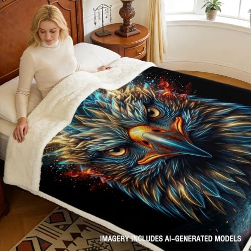 Eagle Sherpa Blanket Neon Animal Print Throw Blanket for Men Soft Warm Cozy 50x60 Inches Sharp Vision Design Gamer Room Bedroom Decor Focus Gift for Birthday Housewarming Anniversary - Image 3