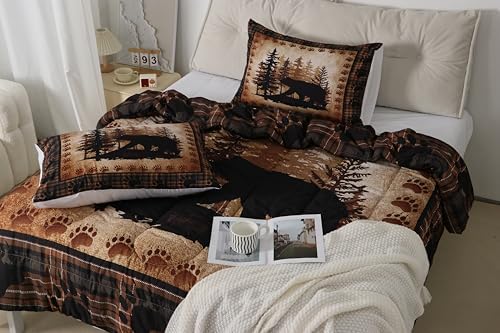 Castle Fairy Bear Print Full Size Comforter Set,Wild Animal Hunt Pine Trees Retro Bedding Comforters Bedroom Collection,Rustic Grid Plaid Cabin Decor Bedding Set for Girls Teens - Image 4