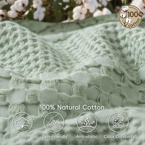 PHF Lightweight 100% Cotton Waffle Blanket for Bed, King, Mint Green - Image 4