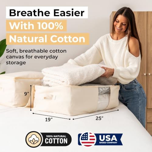 Soft Canvas Storage Bags with Zipper. Thick Breathable, 2pc King/Queen Comforter Organizer. Four Carrying Handles and Window. Large 25x19x9in Bag for Sheets Blankets Bedding Pillows, Clothes - Image 2