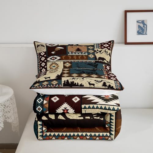 Deer and Bear Wild Animal Bedding Set King Size,Tribal Exotic Style Patchwork Plaid Comforter Set Room Decor for Home,Retro Rustic American Geometric Microfiber Down Comforter,with 2 Pillowcases - Image 5