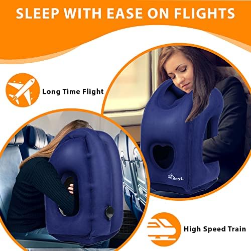 Inflatable Travel Pillow - Neck Pillows for Travel, Travel Pillow for Sleeping Comfortably on Airplanes, Airplane Pillow for Buses, Cars, Office & Trains-Free Eye Mask & Earplugs- Blue, 2 Pack - Image 2