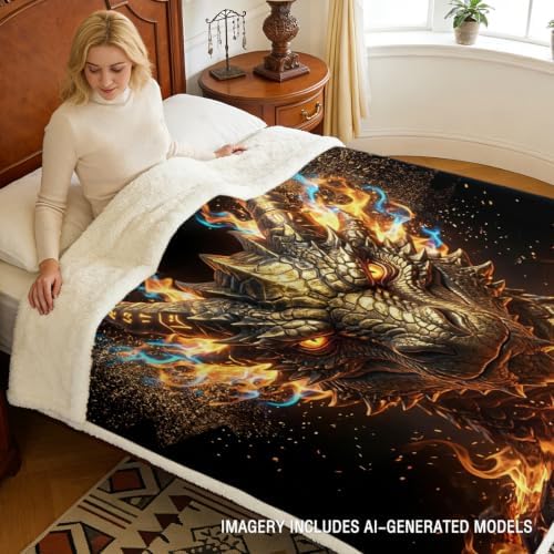 Dragon Sherpa Blanket Fire Fantasy Throw Blanket for Men Soft Warm Cozy 60x80 Inches Power Energy Design Gamer Room Bedroom Decor Mythical Gift for Birthday Housewarming Anniversary - Image 3