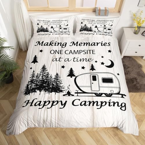 Happy Camping Duvet Cover,Kids RV Camper Bedding Set,Rustic Farmhouse Comforter Cover for Boys Girls Room Decor,Star and Moon Lightweight Bedspread Cover Twin Size with 1 Pillow Case(No Comforter) - Image 4