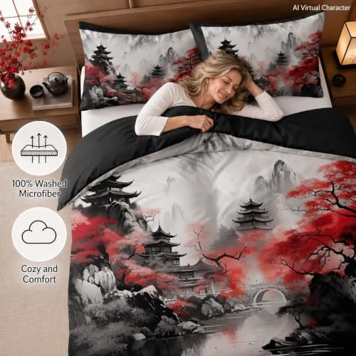 CCoutueChen Asian Chinese Comforter Set King Size, Black Red - Image 4