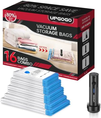 UPGOGO Combo 16 Pack Vacuum Storage Bags with Portable Electric Pump,Vacuum Seal Bags for Clothing,Space Saver Bags,Vacuum Travel Bags for Luggage by UPGOGO