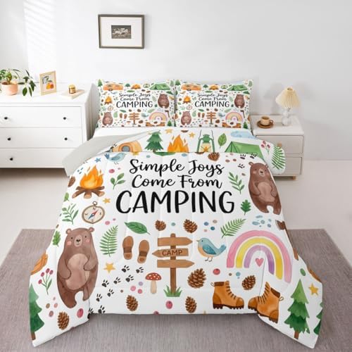 Erosebridal Cute Camping Theme Full Bedding Set for Kids, RV Camper Travel Trailer Bed Comforter Sets for Girls Boys Teen, Forest Themed Bear Quilt Duvet Set, Camping Lovers Gifts Room Decor by Erosebridal