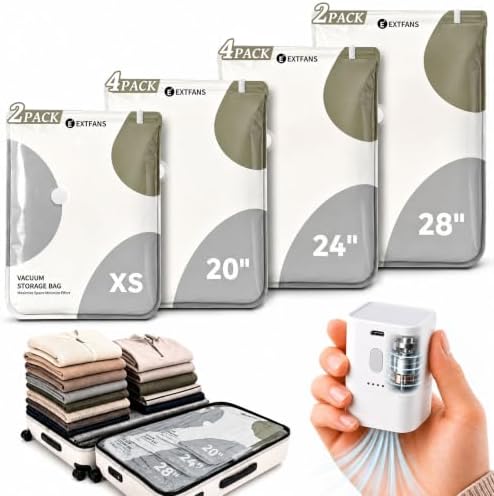 Travel Vacuum Bags with Electric Pump: 12 Pack XS/S/M/L Vacuum Seal Bags by EXTFANS