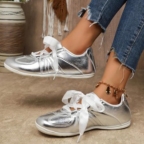 Women's Lace-up Fashion Ballerina Sneakers Dressy Ballet Flats Comfortable Tennis Walking Casual Shoes Fashion Lightweight Workout Athletic Low Top Glossy Round Toe Sports Dance Shoes - Image 3