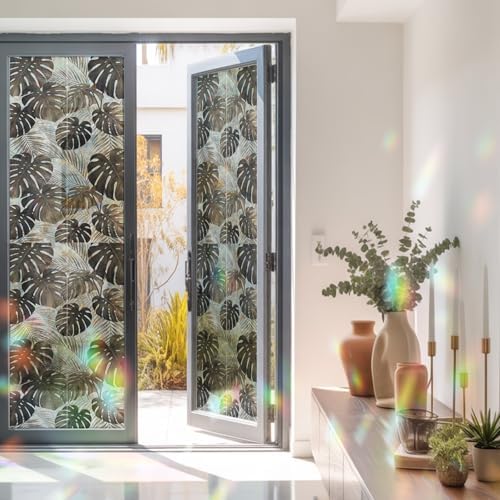 Palm Leaves Window Privacy Film Rainbow Static Cling Stain Glass Window Film for Glass Door, Decorative Heat Blocking Sunroof Decal Sticker for Car 29.5"x118" Farmhouse Botanical Tropical Plants Leaf - Image 3